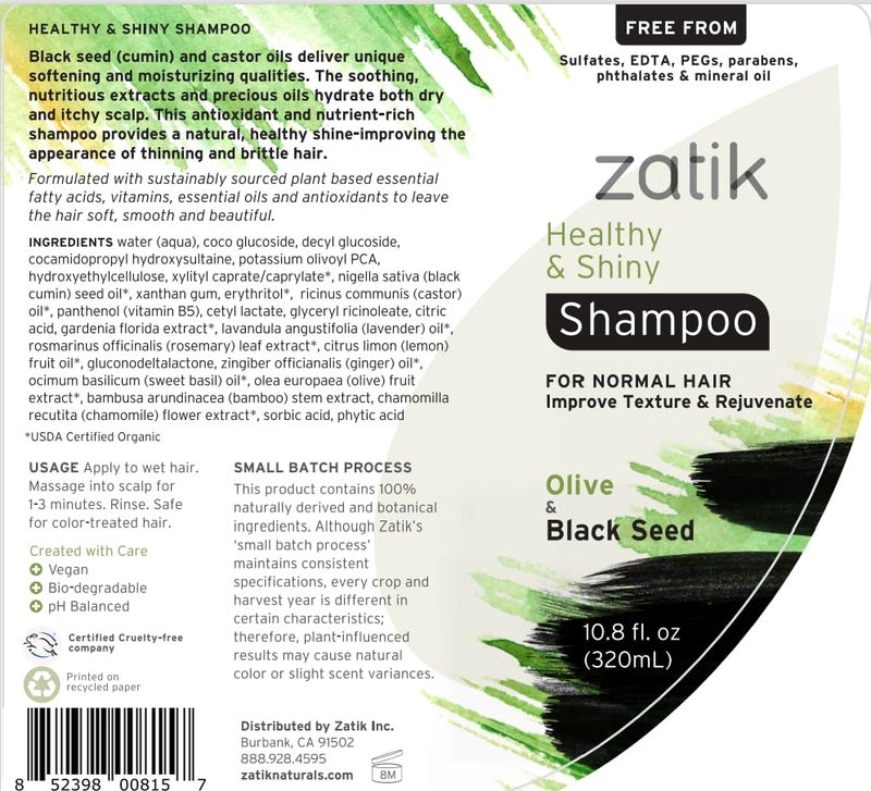 Zatik Naturals - Healthy and Shiny Shampoo with Olive and Black Seed - Vegan, Toxic free, Volumizing, Safe for Color Treated hair, 10.8 fl oz, 320 mL. - Image 2