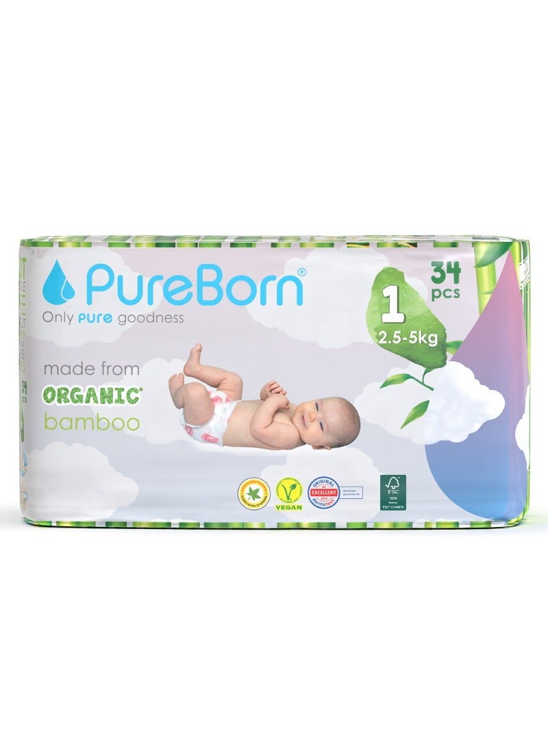 PureBorn Organic Baby Tape Style Diapers Size-1 Upto 5kg Cloud Print