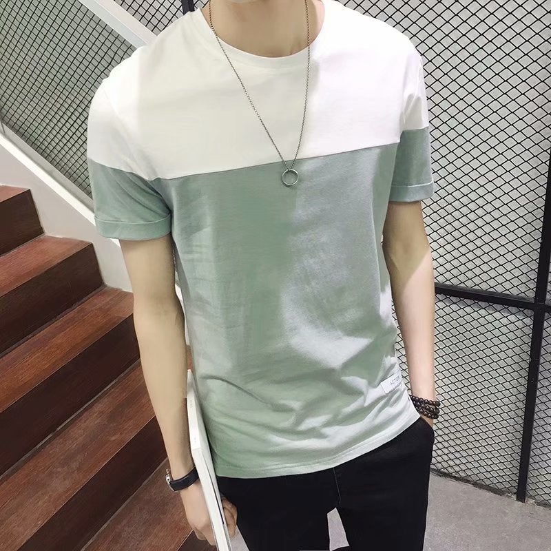 Summer Thin Short-sleeved Top Mens Korean-style Fashionable All-match T-shirt Color Matching Student Casual Simple Half-sleeve Body Green - Image 1