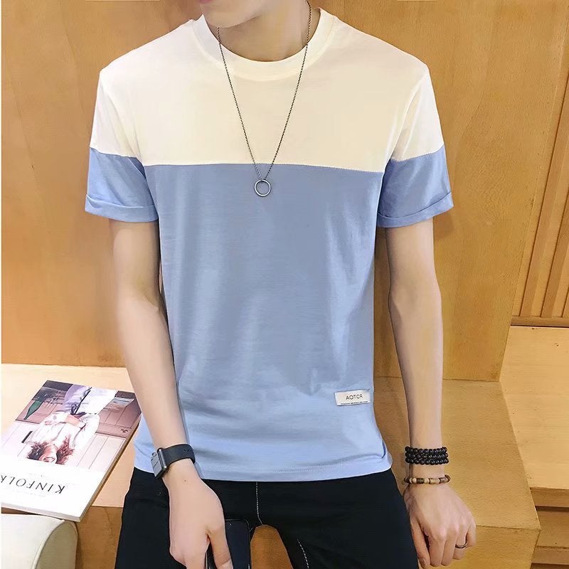 Summer Thin Short-sleeved Top Mens Korean-style Fashionable All-match T-shirt Color Matching Student Casual Simple Half-sleeve Body Green - Image 2