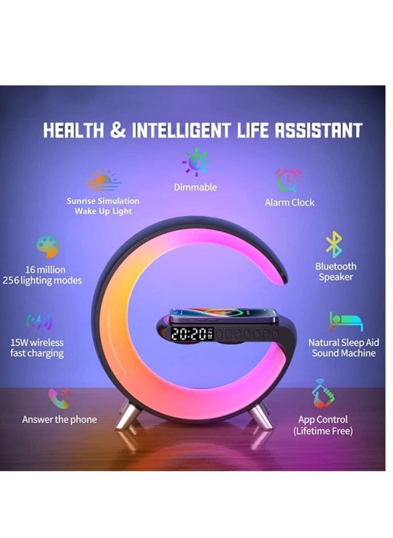 Table Lamp Desk Night Light with 15W Quick Wireless Charger and Bluetooth Speaker, Desk Lamp with Alarm Clock and 256 RGB Light Modes Bedroom Lamp As Sleep Aid White Noise Machine