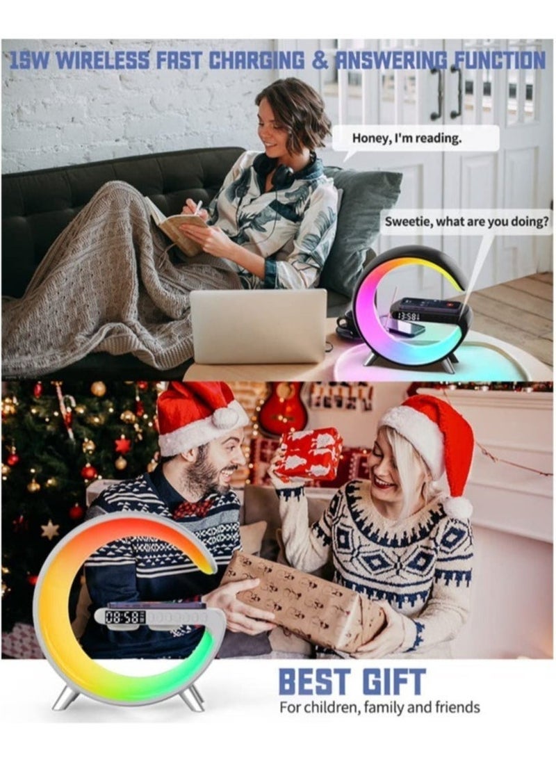 Table Lamp Desk Night Light with 15W Quick Wireless Charger and Bluetooth Speaker, Desk Lamp with Alarm Clock and 256 RGB Light Modes Bedroom Lamp As Sleep Aid White Noise Machine