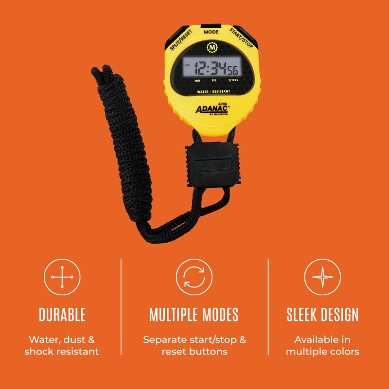 MARATHON Adanac 4000 Digital Stopwatch Timer, Yellow - High Precision Accuracy to 1/100th Seconds - Water, Dust & Shock Resistant - 46â€ Lanyard Included - Image 3