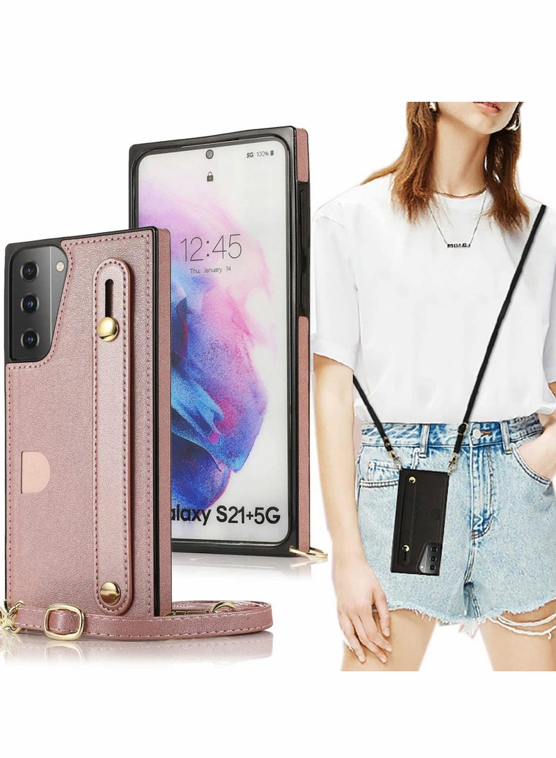 Excefore For Samsung Galaxy S21 Plus Case Cover S21 Wallet Case Removable Adjustable Leather Strap Crossbody Card Holders Case Neck Strap Lanyard Purse Shoulder Strap Purse Case (Rose Gold)  - Image 1