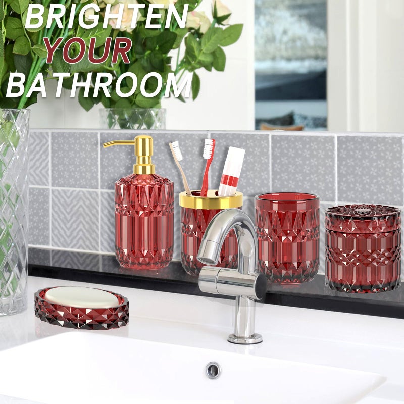 Towoaafu 5Pcs Bathroom Accessories Set, Glass Soap Dispenser Set with Rust Proof Stainless Steel Pump, Soap Holder, Toothbrush Holder, Tumbler, Cotton Swab Jars, Red Bathroom Set Bathroom Decor Sets Gift - Image 5