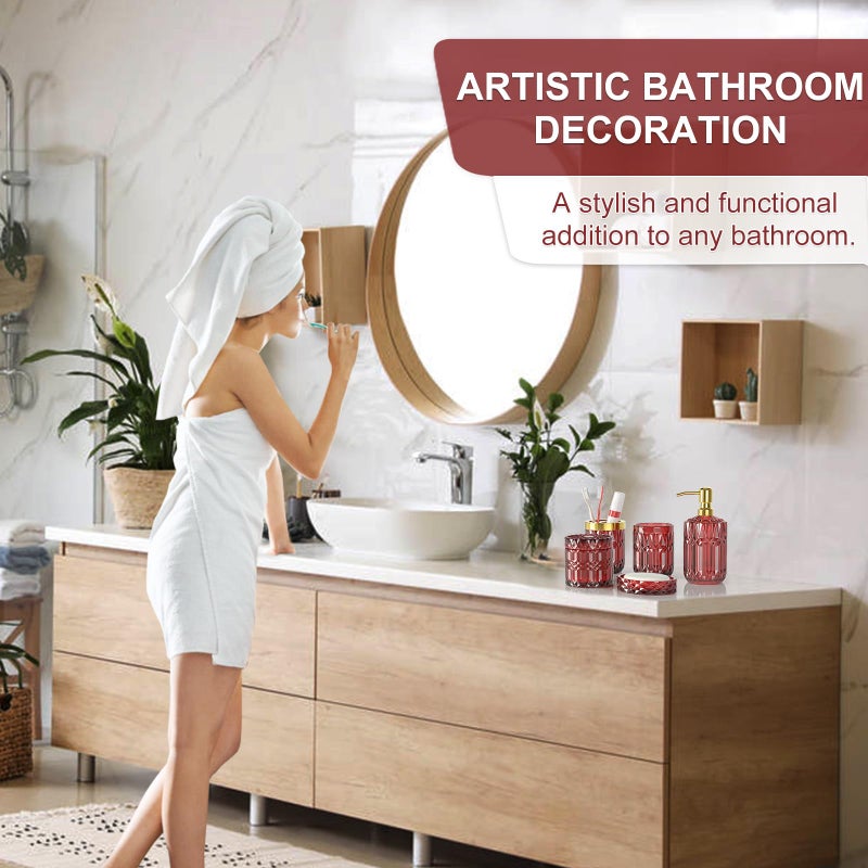 Towoaafu 5Pcs Bathroom Accessories Set, Glass Soap Dispenser Set with Rust Proof Stainless Steel Pump, Soap Holder, Toothbrush Holder, Tumbler, Cotton Swab Jars, Red Bathroom Set Bathroom Decor Sets Gift - Image 4