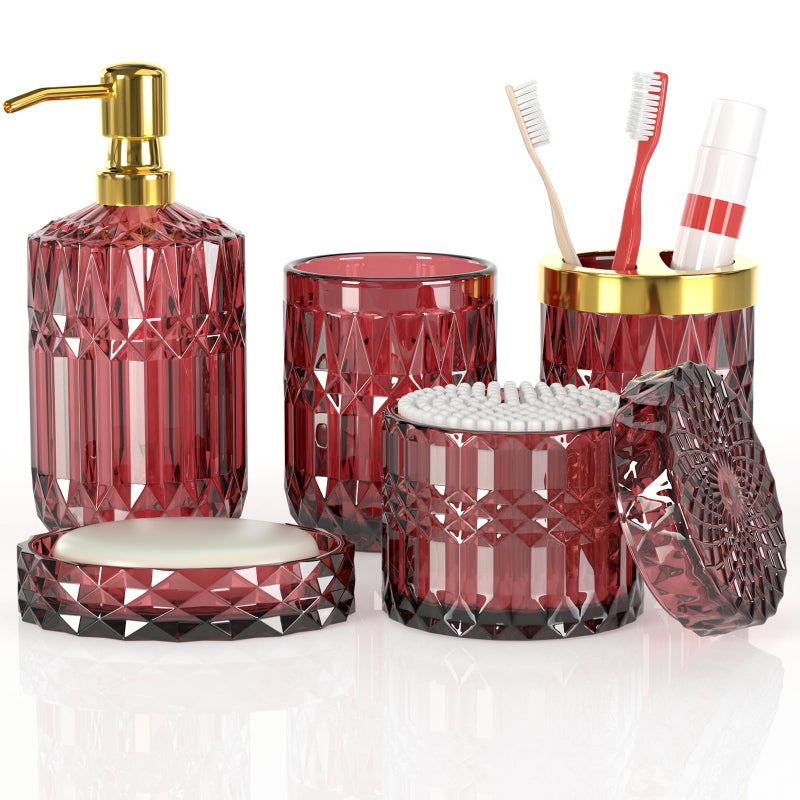 Towoaafu 5Pcs Bathroom Accessories Set, Glass Soap Dispenser Set with Rust Proof Stainless Steel Pump, Soap Holder, Toothbrush Holder, Tumbler, Cotton Swab Jars, Red Bathroom Set Bathroom Decor Sets Gift - Image 1