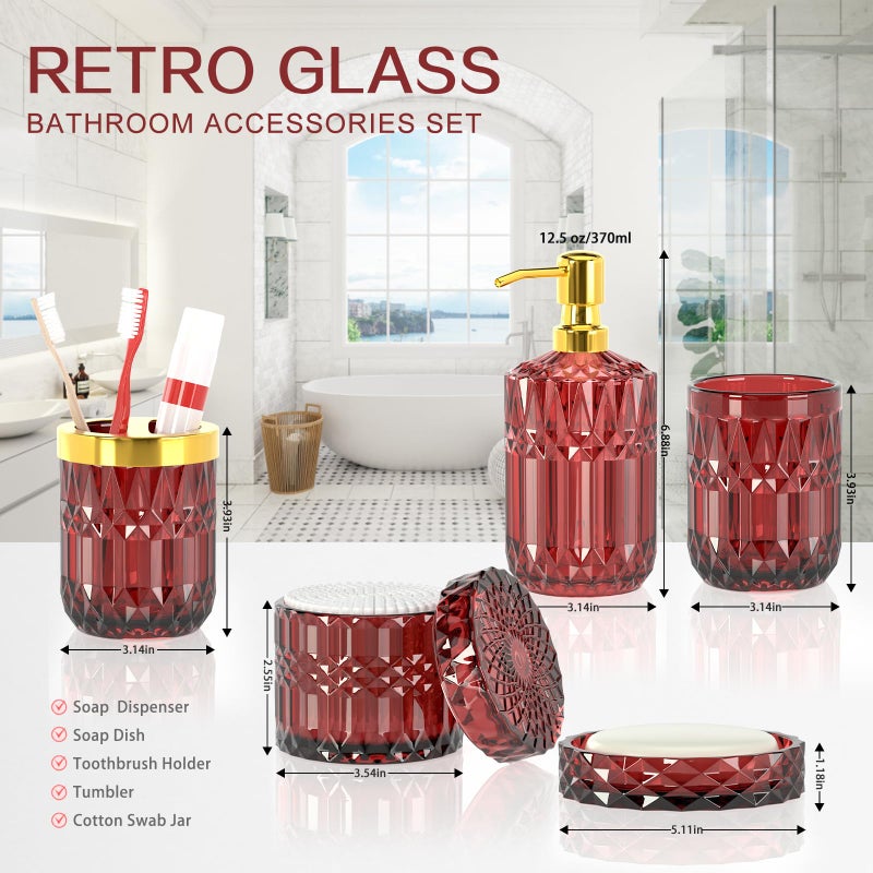 Towoaafu 5Pcs Bathroom Accessories Set, Glass Soap Dispenser Set with Rust Proof Stainless Steel Pump, Soap Holder, Toothbrush Holder, Tumbler, Cotton Swab Jars, Red Bathroom Set Bathroom Decor Sets Gift - Image 2