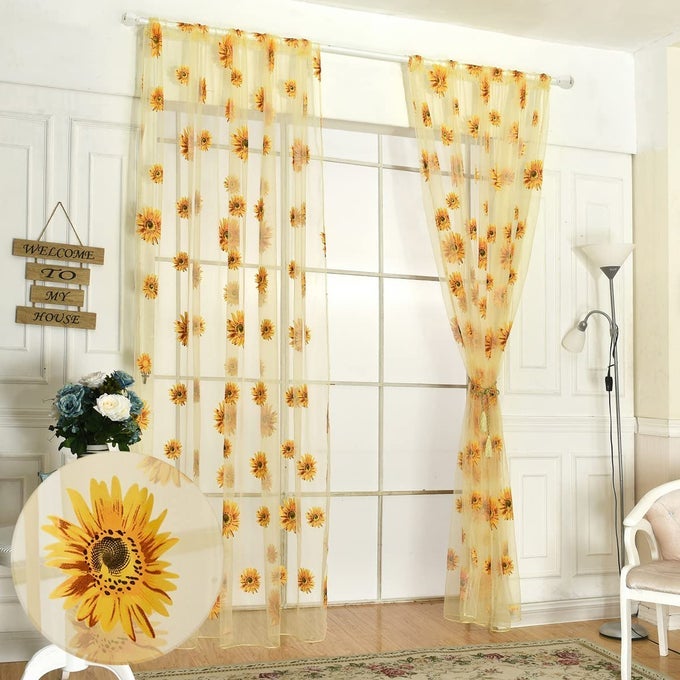 SUNFLOWER WINDOW CURTAIN 2PCS SUN FLOWER FLORAL VOILE SHEER CURTAIN PANELS TULLE ROOM SALIX LEAF SHEER GAUZE CURTAIN FOR LIVING ROOM BEDROOM BALCONY ROD POCKET TOP