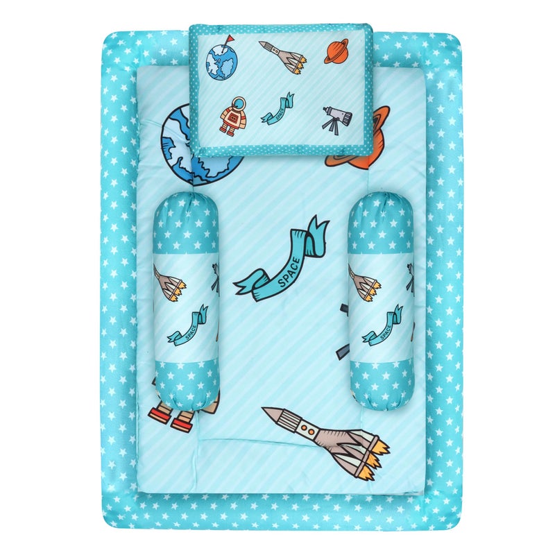 Remixon REMIXON Blue 3 Pillows & Rectangle Shape Space Theme Cotton Baby Bed for 0-1 Year BB109  - Image 1