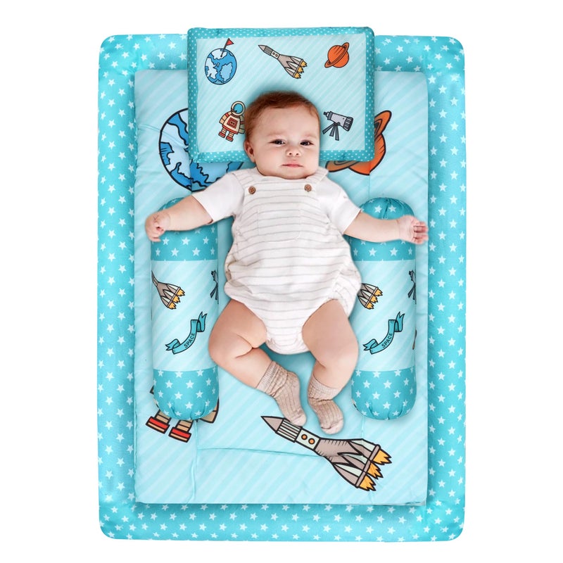Remixon REMIXON Blue 3 Pillows & Rectangle Shape Space Theme Cotton Baby Bed for 0-1 Year BB109  - Image 4