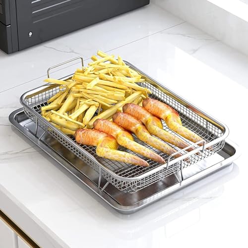 Snevad سلة قلاية هوائية 2 قطعة مع صينية للفرن من الفولاذ المقاوم للصدأ، مجموعة سلة شبكية غير لاصقة، سلة تحميص للقلاية الهوائية للبطاطس المقلية/الدجاج والأطعمة المقرمشة، طهي صحي، آمنة للغسل في غسالة الصحون - Image 5
