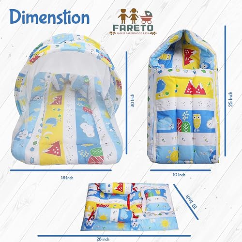 Fareto Combo of Baby Nest | Bed with Net | Carry Bag | 4 Pcs Bedding Set(0-6 Months) (Blue) - Image 3
