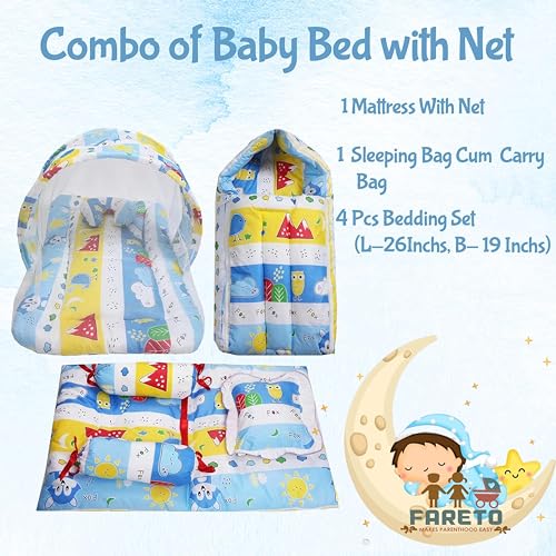 Fareto Combo of Baby Nest | Bed with Net | Carry Bag | 4 Pcs Bedding Set(0-6 Months) (Blue) - Image 2