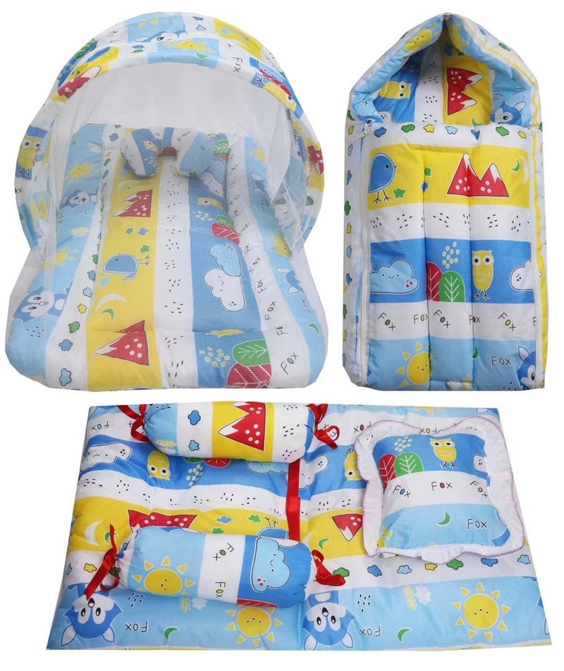 Fareto Combo of Baby Nest | Bed with Net | Carry Bag | 4 Pcs Bedding Set(0-6 Months) (Blue) - Image 1