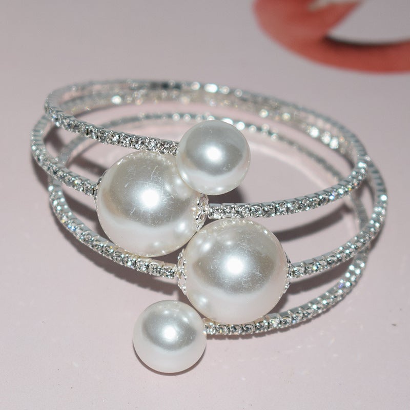 Gold Plated Choker Bracelet Set Pearl Rhinestone 3 rows of silver white diamond (4 pearls) bracelet 