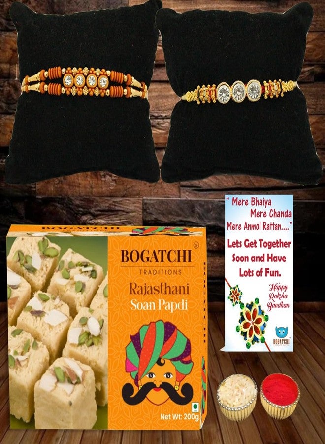 BOGATCHI Rakhi Gift Hamper – 2 Rakhi Set with Soan Papdi Sweet, Roli Chawal & Rakhi Card – Raksha Bandhan Gift for Brothers (Pack of 1, 200g) - Image 1