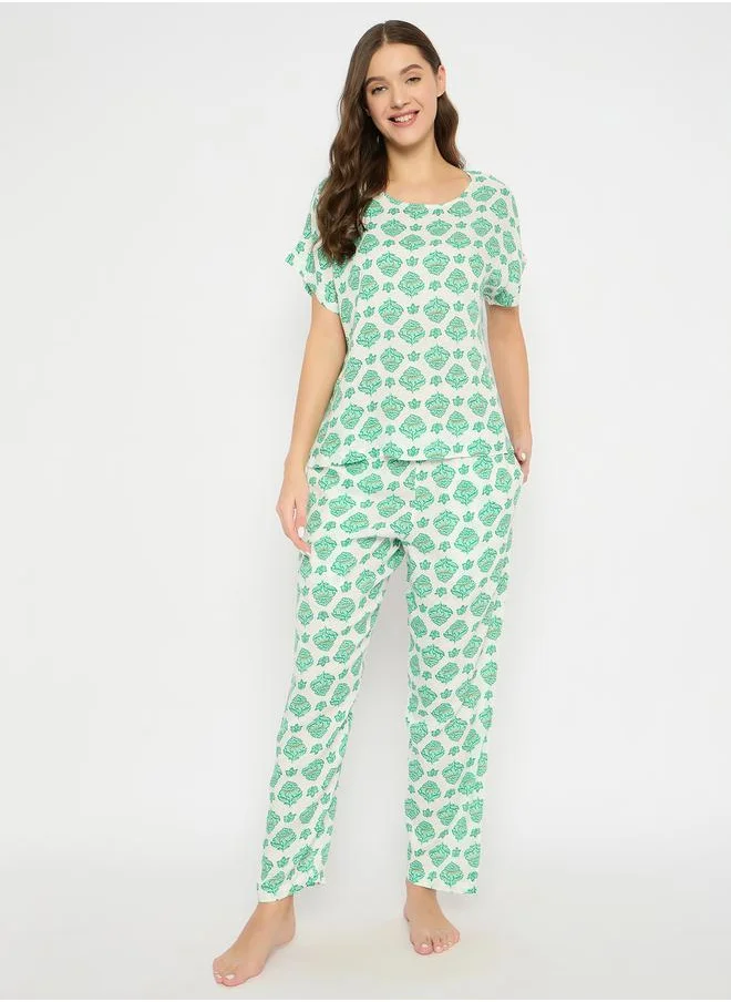 Clovia Floral Print Round Neck Top and Pyjama Set