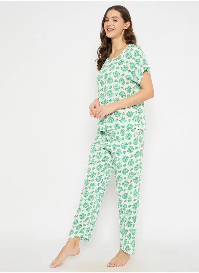 Clovia Floral Print Round Neck Top and Pyjama Set by Styli