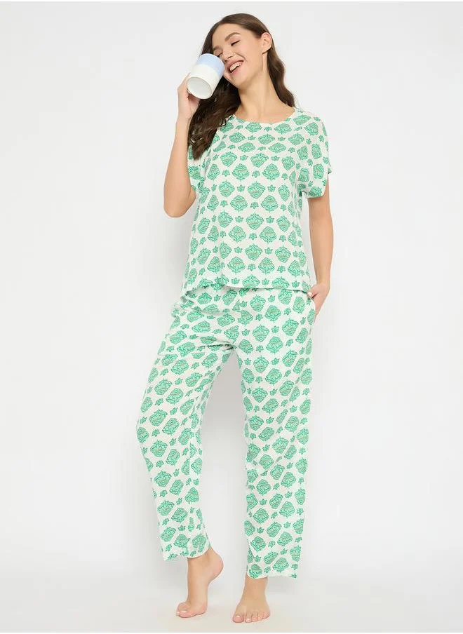 Clovia Floral Print Round Neck Top and Pyjama Set