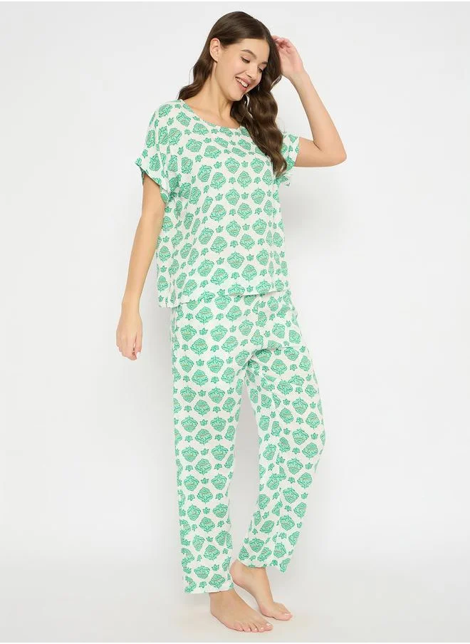 Clovia Floral Print Round Neck Top and Pyjama Set by Styli