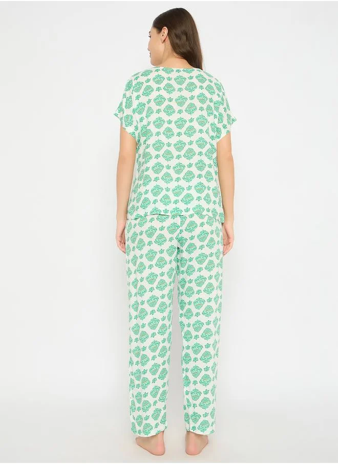 Clovia Floral Print Round Neck Top and Pyjama Set by Styli