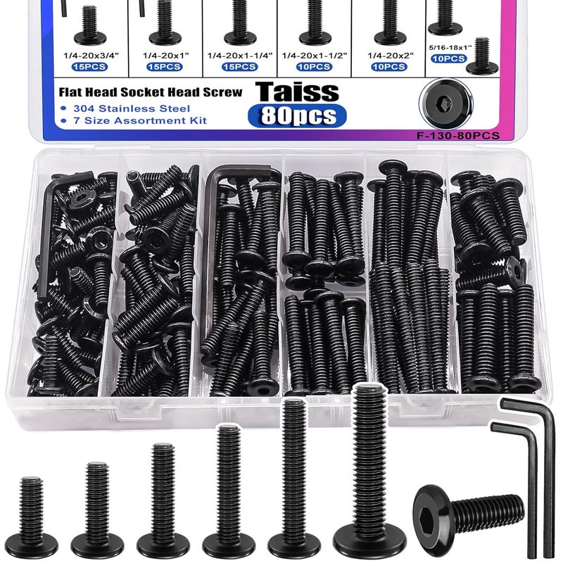 Taiss 80 قطعة براغي مسامير رأس مسطح سداسية 7 أحجام 1/4-20x3/4" 1" 1-1/4" 1-1/2" 2" ، 5/16-18x1" 1-1/2" براغي أثاث من الفولاذ المقاوم للصدأ 304 ، براغي أثاث ذات خيط كامل مع مفتاح سداسي. - Image 1