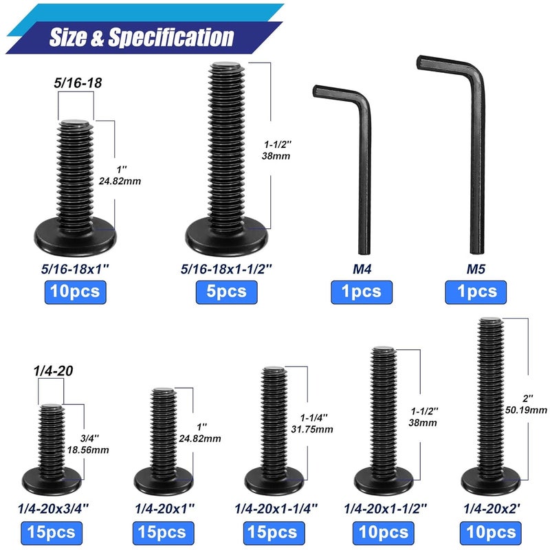 Taiss 80 قطعة براغي مسامير رأس مسطح سداسية 7 أحجام 1/4-20x3/4" 1" 1-1/4" 1-1/2" 2" ، 5/16-18x1" 1-1/2" براغي أثاث من الفولاذ المقاوم للصدأ 304 ، براغي أثاث ذات خيط كامل مع مفتاح سداسي. - Image 2
