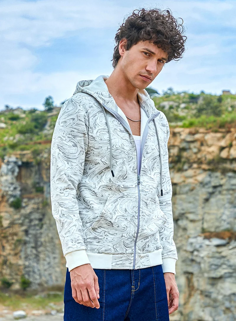 Campus Sutra Men's White & Black Contrast Fluid Zip Front Hoodie