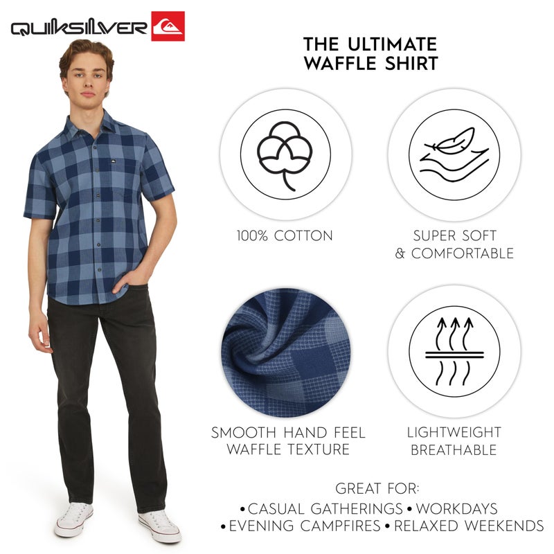 Quiksilver Men's Regular Fit Premium Cotton Short Sleeve Button Up Waffle Woven Shirt, Estate Blue, X-Large - Image 3