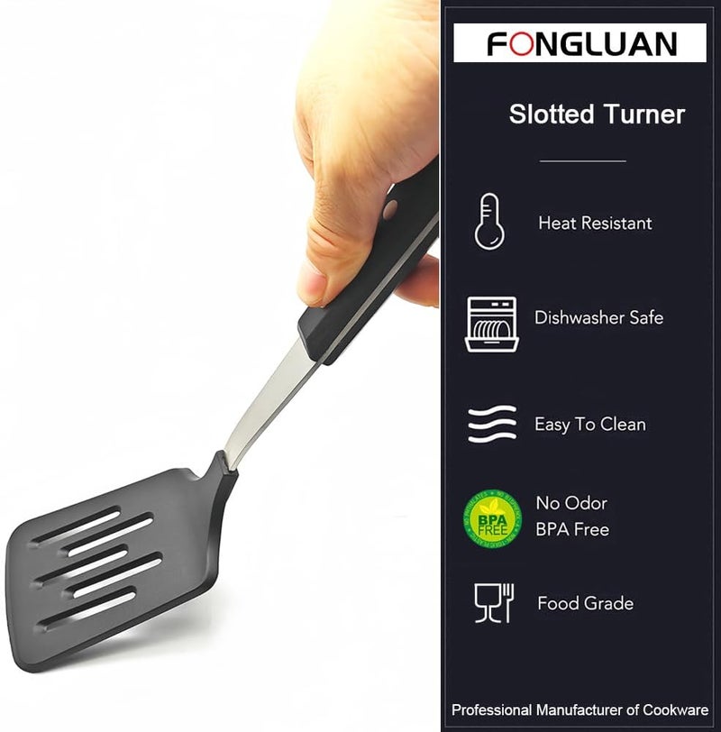 FONGLUAN Stainless Steel Cooking Slotted Turner With Heat-resistant BPA-free nylon head Safe for Non-Stick Cookware POM Handles Heavy Duty Kitchen Spatulas For Serving - Image 4