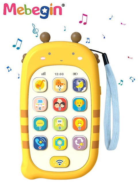 Baby Bee Shape Cell Phone Toy with Teether Case and Record Repeat Function, Light, Music Kids Play and Learn Phone for Infant or Toddler, Preschool Birthday Gift for Girl Boy Yellow
