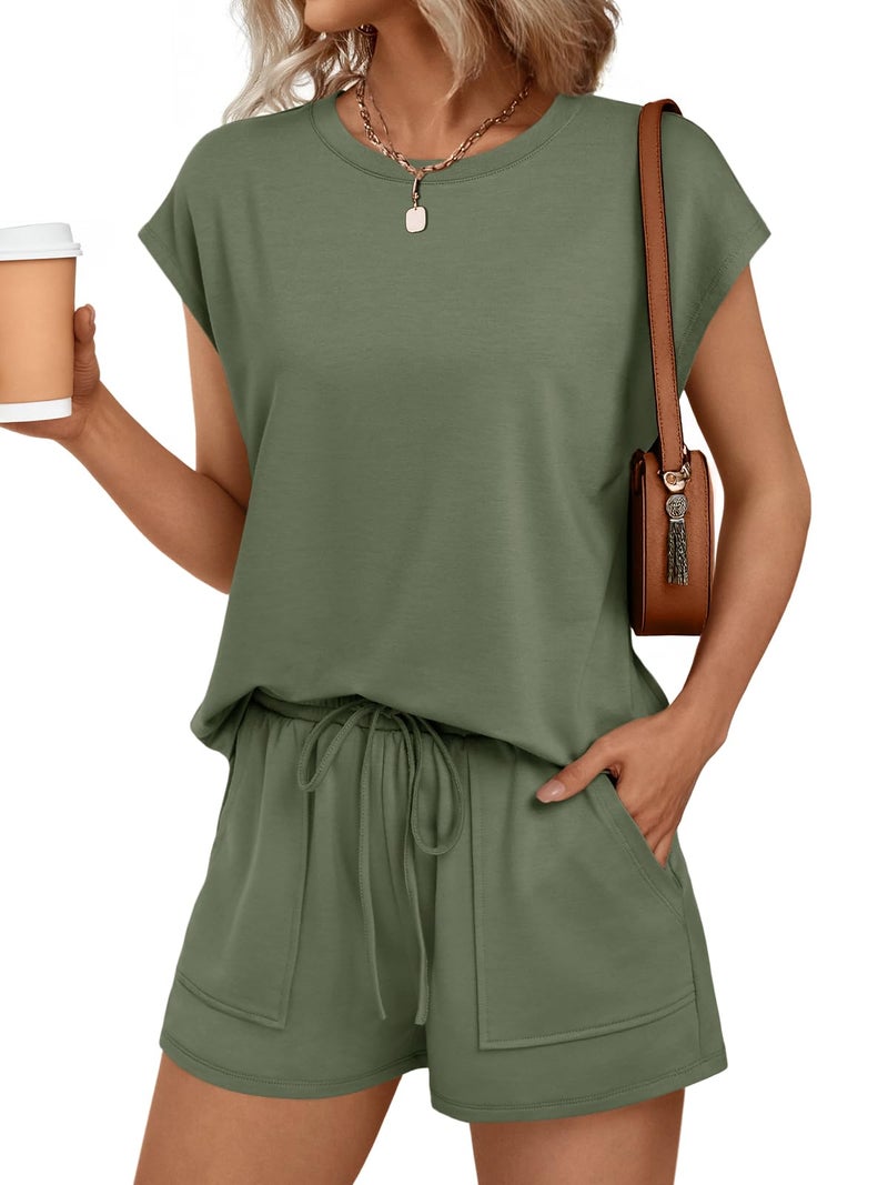 AUTOMET Womens Lounge Two 2 piece Sets Summer Spring Cruise Outfits 2026 Matching Beach Vacation Clothes Travel Sweatsuits Sweat Casual Romper Shorts Fashion Trendy Clothing Loungewear Army Green M - Image 1