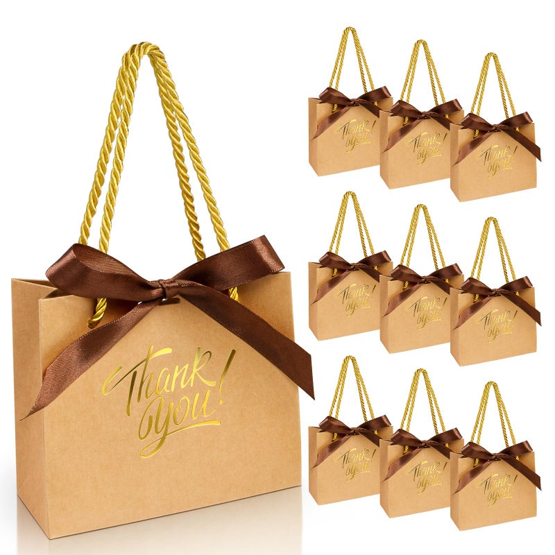 EQOREIIN 30 Pack Small Thank You Gift Bags with Handles 55 x 24 x 47 Inches Mini Brown Gift Bags with Bow Ribbon Tiny Party Favor Bag Bulk for Graduation Mothers Day Baby Shower Wedding Brown - Image 2
