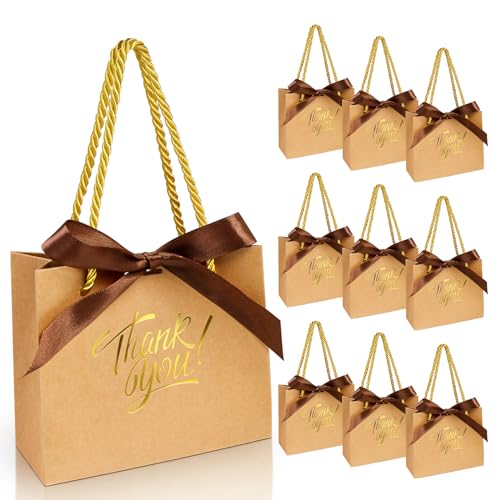 EQOREIIN 30 Pack Small Thank You Gift Bags with Handles 55 x 24 x 47 Inches Mini Brown Gift Bags with Bow Ribbon Tiny Party Favor Bag Bulk for Graduation Mothers Day Baby Shower Wedding Brown - Image 1