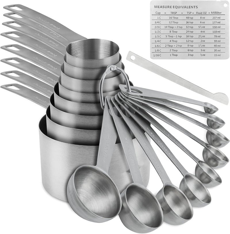 Smithcraft Measuring Cups and Spoons Set Stainless Steel Measuring Cups Spoons Complete Set of 19pcs Professional Measurer Scoops Ingredients Liquid or Dry Heavy Duty Solid Measurment Cup