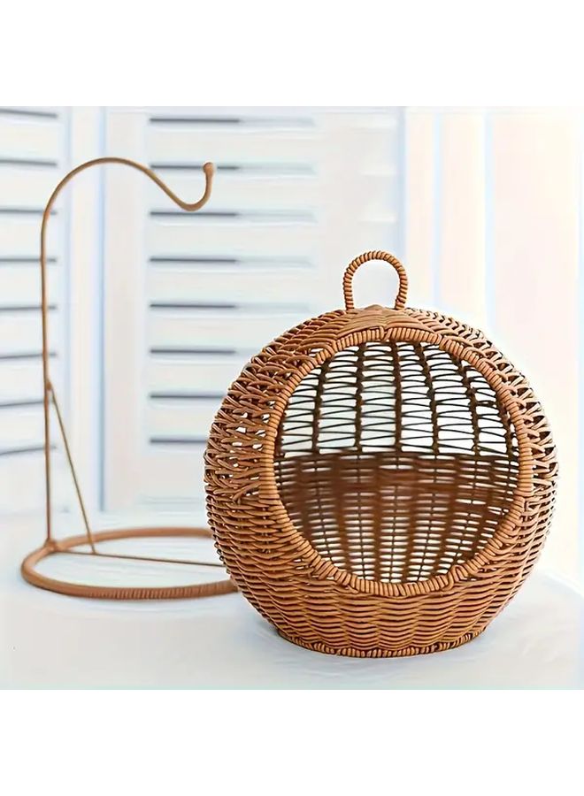 سرير قطط بني منسوج يدويًا وقفص تخزين متعدد الأغراض سلة حيوانات أليفة سهلة التركيب مناسب لجميع الفصول - Image 1