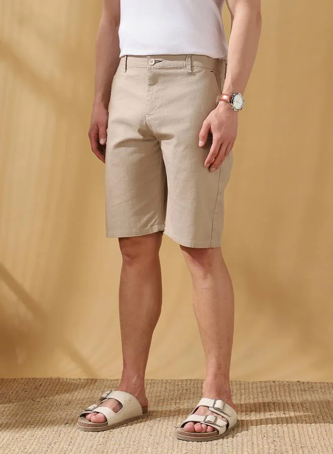Dennis Lingo Men's Beige 100% Cotton Solid Pattern Knee Length Bermuda Regular Fit Shorts