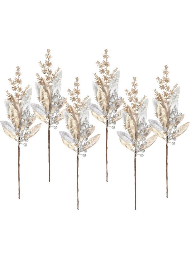 Sea Team Sea Team 6-Pack Artificial Glitter Berry Twigs, Bacca Stem Ornaments, Decorative Sticks, Picks, Branches for Christmas Tree, Wreath, Vase Fillers for Centerpieces, Home Décor, Champagne & Silver  - Image 1