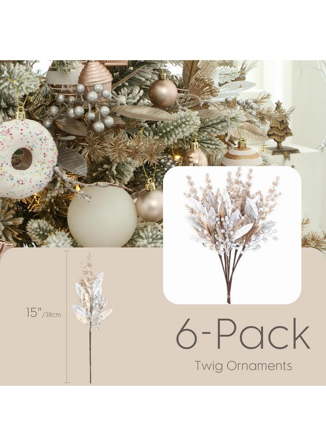 Sea Team Sea Team 6-Pack Artificial Glitter Berry Twigs, Bacca Stem Ornaments, Decorative Sticks, Picks, Branches for Christmas Tree, Wreath, Vase Fillers for Centerpieces, Home Décor, Champagne & Silver  - Image 5