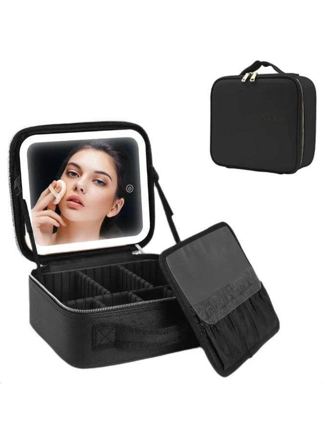 Generic SAFENHANDN Makeup Bag Travel Organizer with Mirror LED light Premium leather quality Waterproof Cosmetic Makeup Case with 3 color LED Light Adjustable Storage Divider  - Image 1