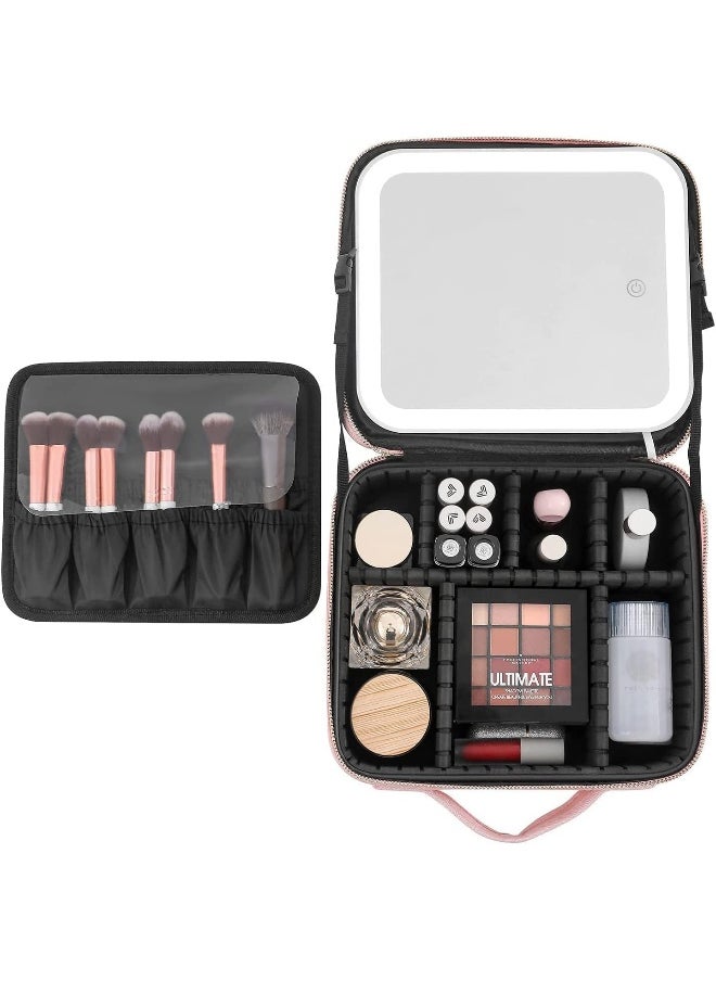 Generic SAFENHANDN Makeup Bag Travel Organizer with Mirror LED light Premium leather quality Waterproof Cosmetic Makeup Case with 3 color LED Light Adjustable Storage Divider  - Image 4