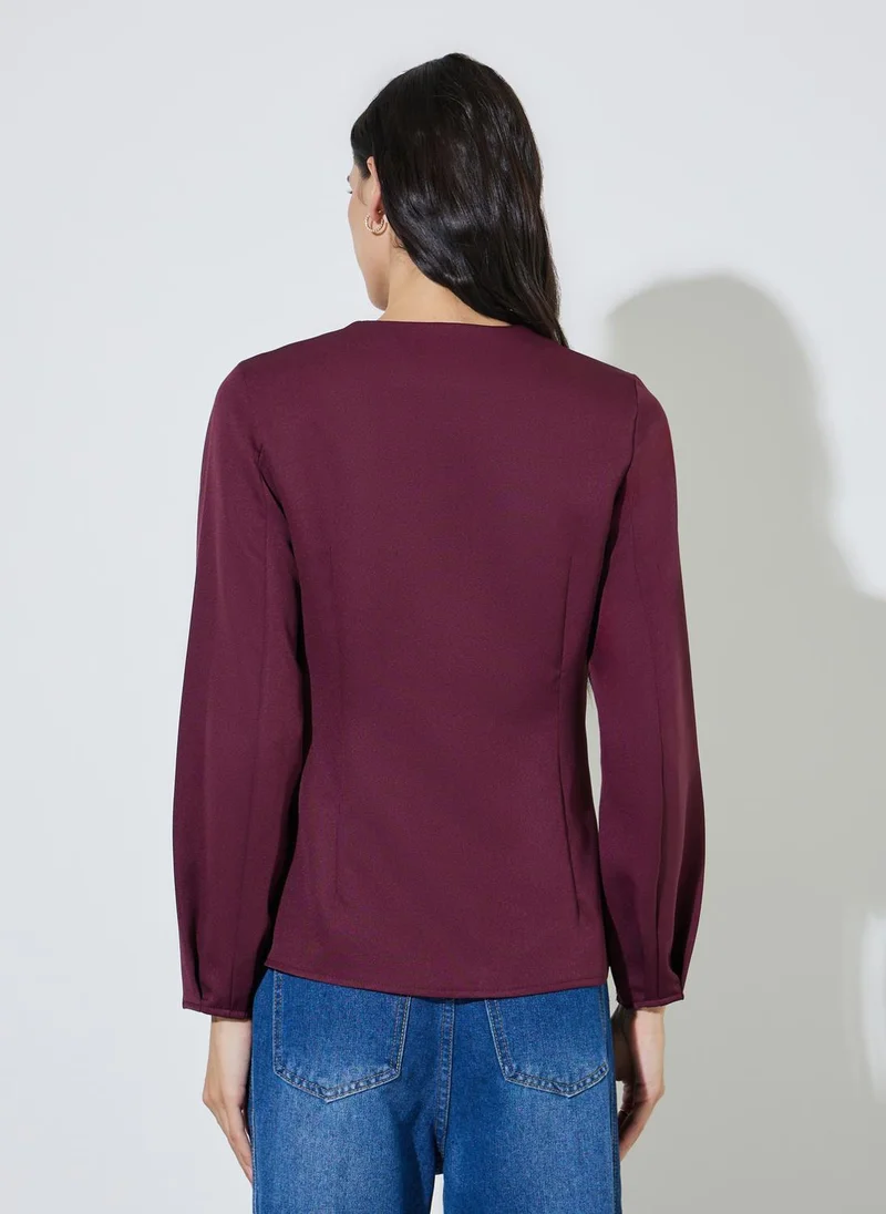 Styli Burgundy Button Down Long Sleeves Blouse