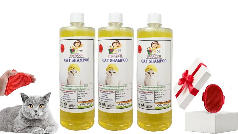 Swacch Cat Shampoo -1 Litre (Pack of 3) (Lemon) + Bath Brush with Adjustable Straps Combo Pack - Image 1