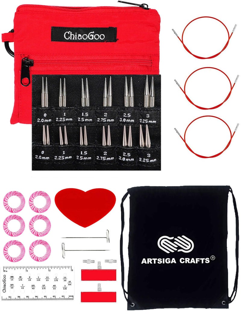 ChiaoGoo Twist Red Lace Shorties 2 & 3-Inch Small Red 7230-M Interchangeable Knitting Needle Set, 12-Pair Sizes US 0, 1, 1.5, 2, 2.5, 3, Stainless Steel, 3 Cords with 1 Project Bag - Image 1