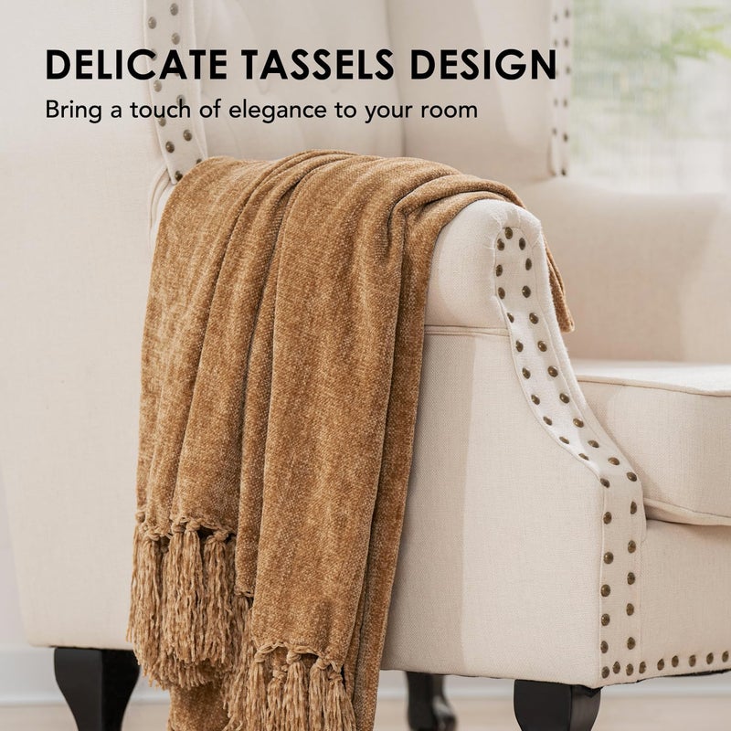 EVERGRACE Soft Chenille Throw Blanket for Couch  Cozy Plush Fuzzy Decorative Chenille Knit Throw Blanket with Tassels  Lightweight Blanket and Throws for Bed Sofa Gift Home Decor  Khaki 50""x60"" - Image 2