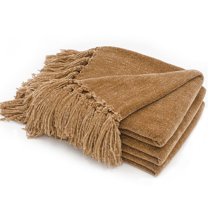 EVERGRACE Soft Chenille Throw Blanket for Couch  Cozy Plush Fuzzy Decorative Chenille Knit Throw Blanket with Tassels  Lightweight Blanket and Throws for Bed Sofa Gift Home Decor  Khaki 50""x60"" - Image 1