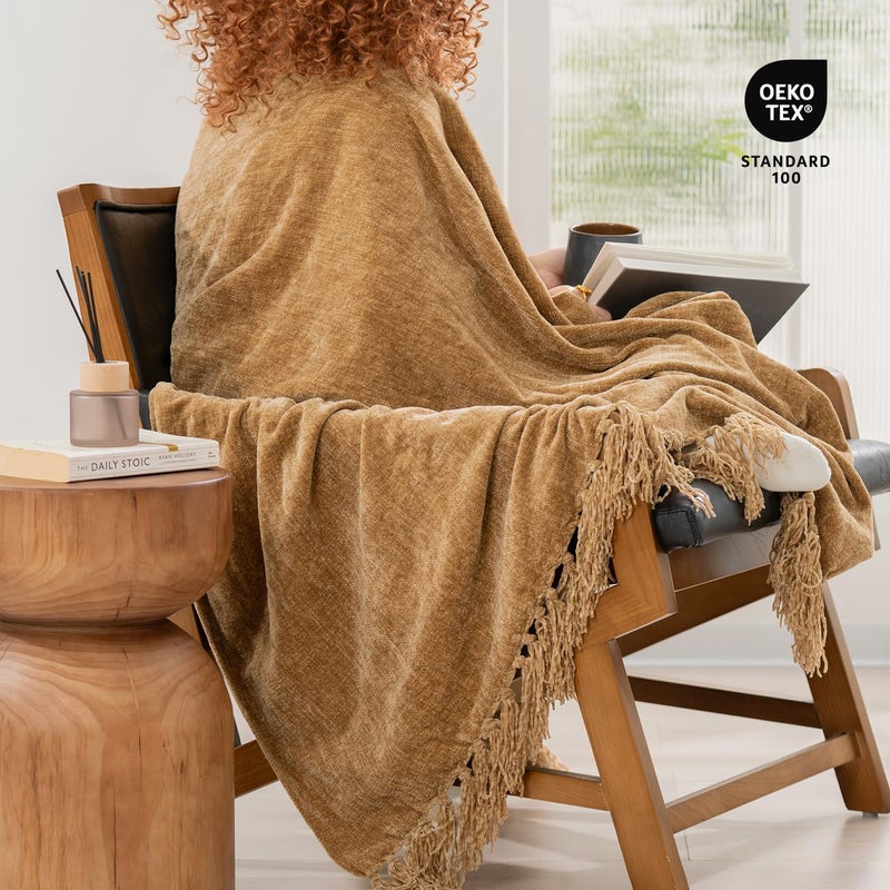 EVERGRACE Soft Chenille Throw Blanket for Couch  Cozy Plush Fuzzy Decorative Chenille Knit Throw Blanket with Tassels  Lightweight Blanket and Throws for Bed Sofa Gift Home Decor  Khaki 50""x60"" - Image 5