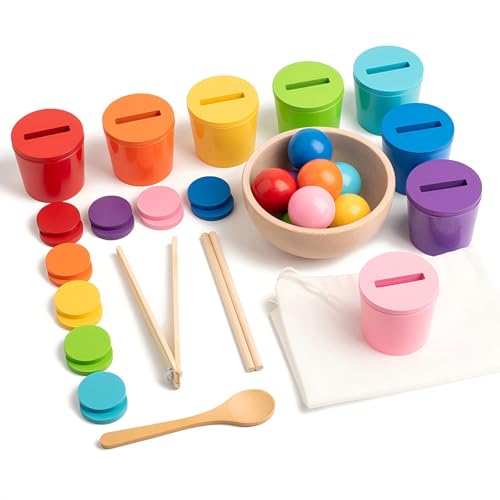Gserin Ball in Cups Toddler Montesssori Toys Rainbow Color Sorting Toy Coin Box Matching Game Wooden Learning Color for Baby Toddler Fine Motor Developmental Sensory Toy - Image 1