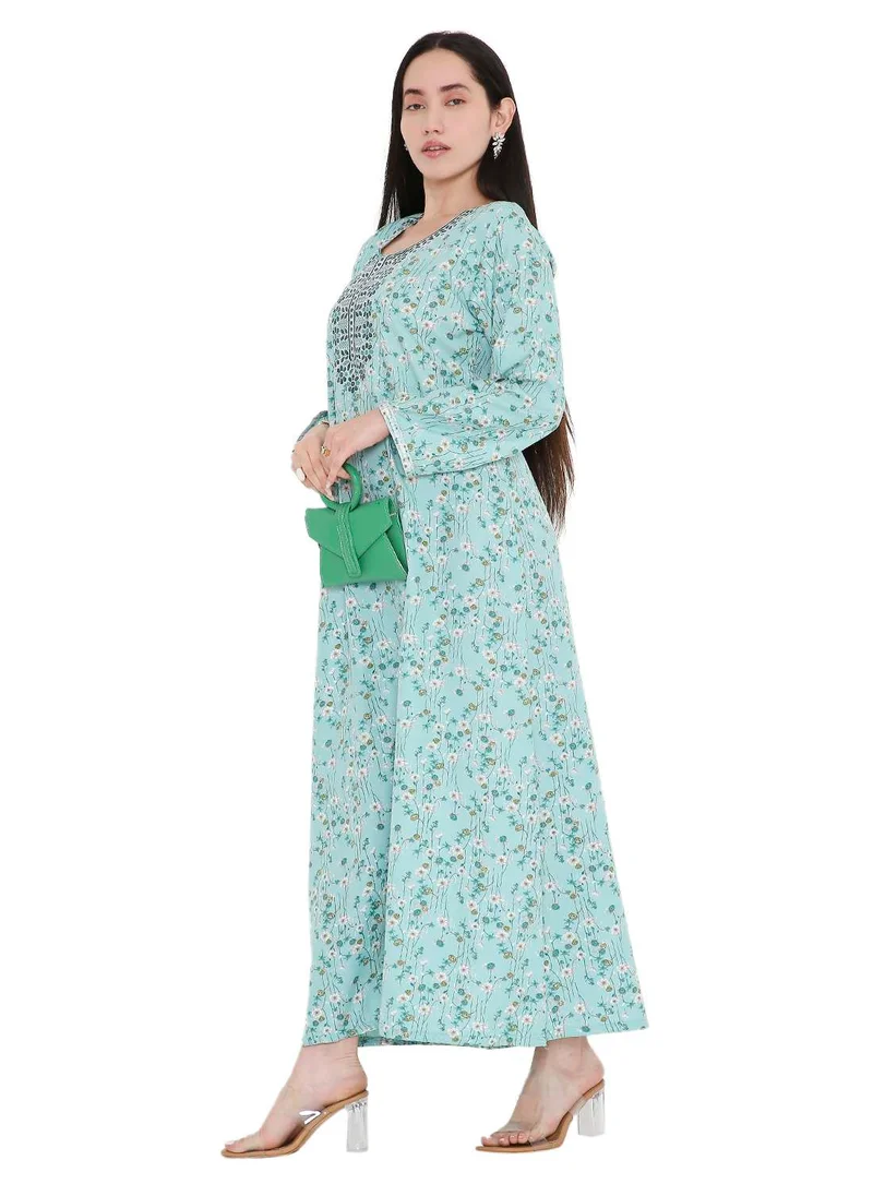HANA & SARA ELEGANT FARASHA WITH UNIQUE THREAD EMBROIDERY AND STYLISH PRINTED MODEST ARABIC KAFTAN JALABIYA DRESS